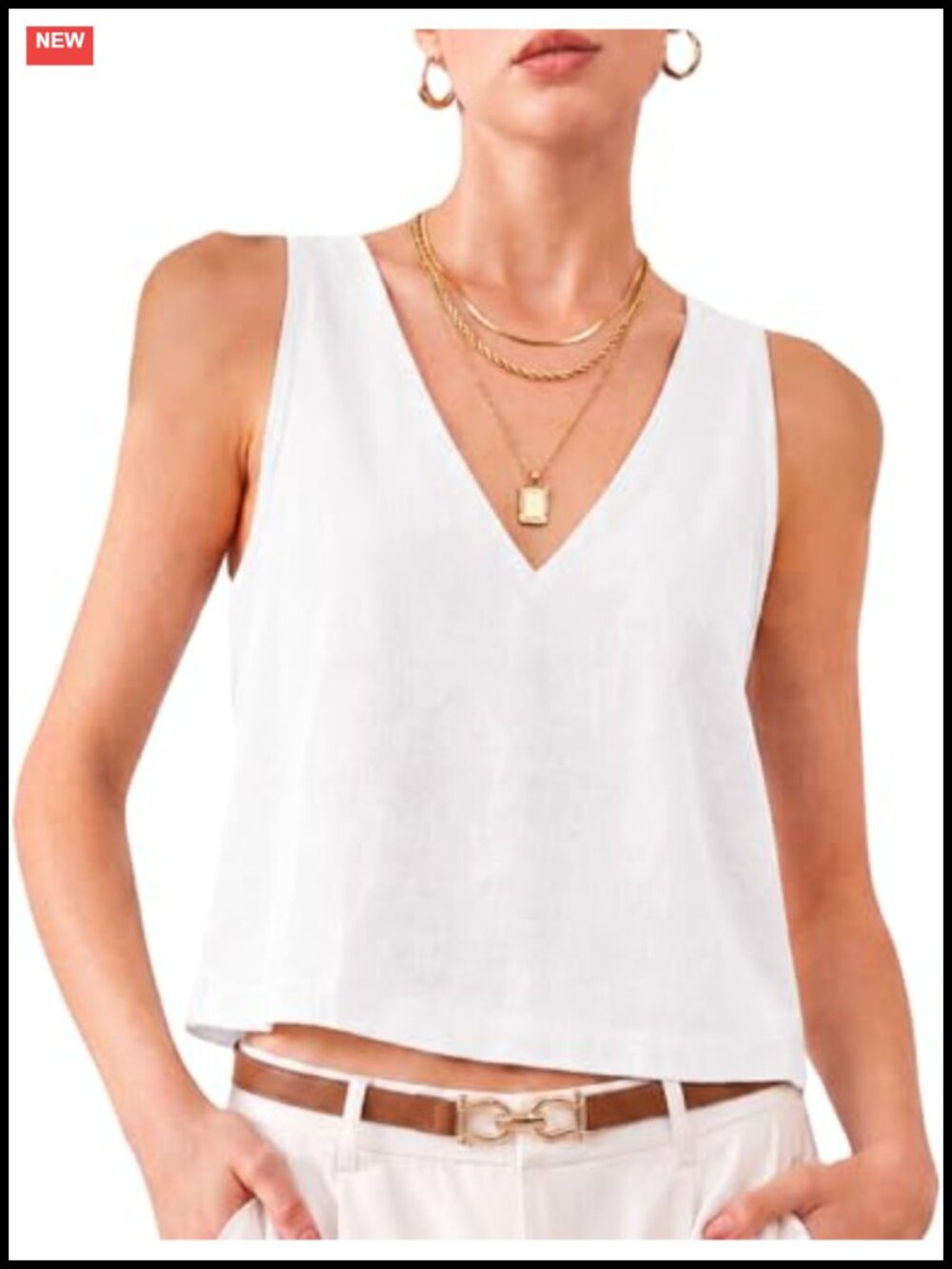 Linen Crop Top Womens Sleeveless V Neck Tank Button Down Summer Blouse